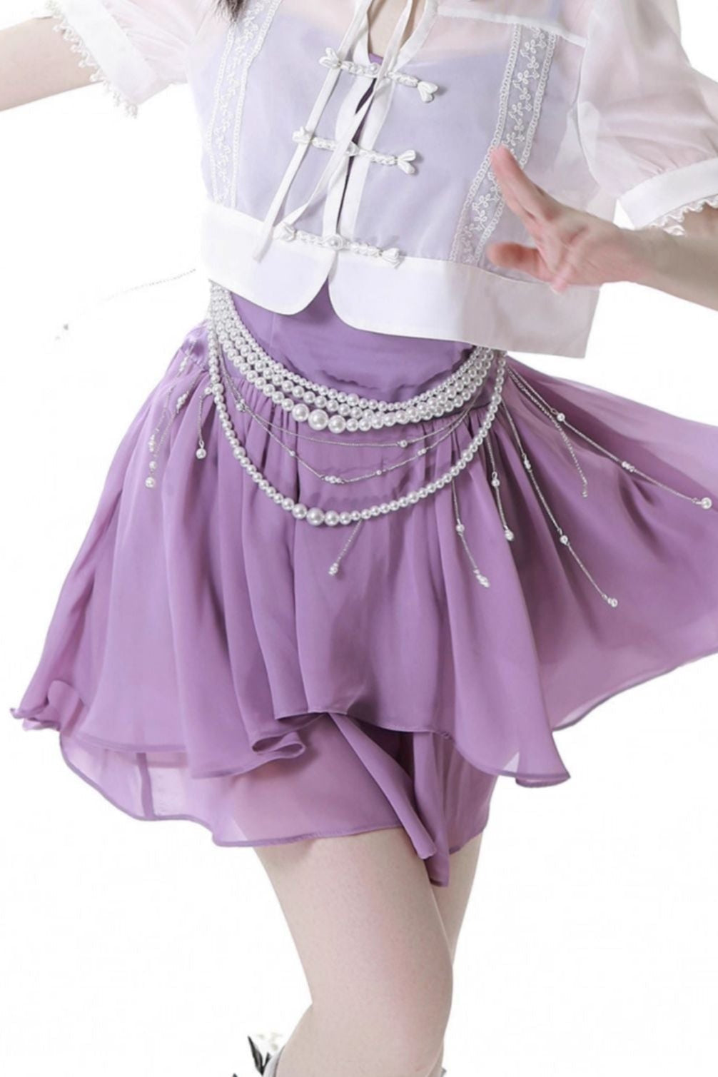 Light Smock Suspender Dress + Short Dress + China Design Sleeveless Top + Short Shirt + Pearl Accessories