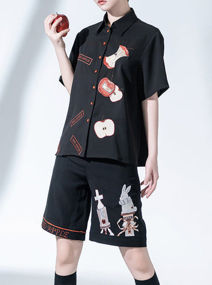 Bad Apple Embroidered Handsome Loose Summer Shirt Short Pants Set