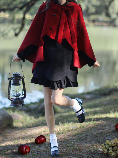 Retro Red Cape Coat + Black Ruffle Fake Two-piece Dress