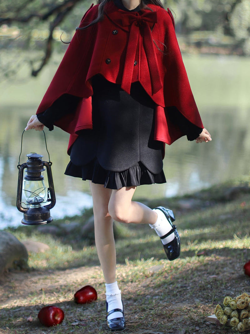 Retro Red Cape Coat + Black Ruffle Fake Two-piece Dress
