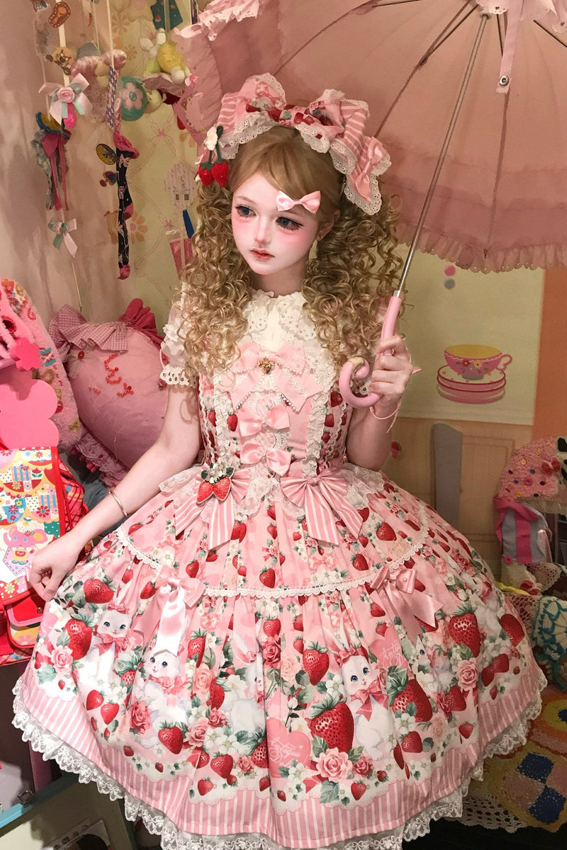 [pre-order Deadline: April 29] Strawberry Rabbit Ear Ribbon Shirt + Ruffled Shoulder Lace Ribbon Jk School Uniform Dress + Full Set/complete Set