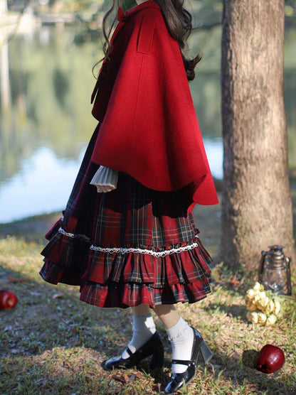 Little Red Riding Hood Cape Ribbon Coat + Pleated Collar Shirt + Plaid Tiered Dress + Head Scarf