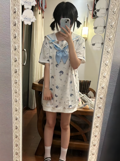 Sailor Aqua Blue Necktie Badge Print Dress