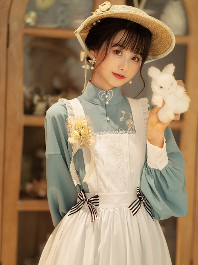 Stand Collar Double-breasted Coat Lace Apron Overskirt Set