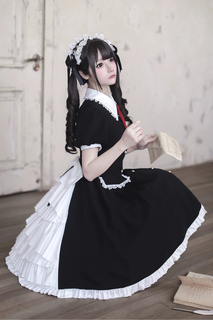 [pre-order Deadline: April 29] Black X White Gothic Lace Red Tie Collar Lolita Dress Type A/b