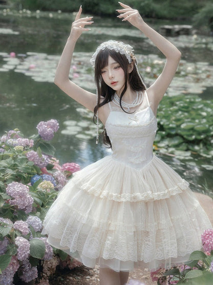[pre-order] Pure White Girly Lolita Dress + Cardigan + Inner Top + Veil + Sleeves