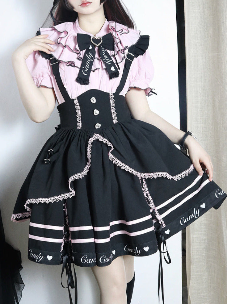 Berry Fleur Sweet Girl Blouse Black Pink Suspender Dress Set