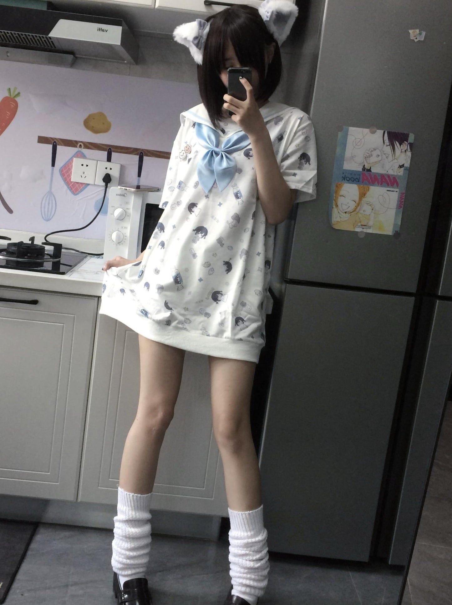 Sailor Aqua Blue Necktie Badge Print Dress