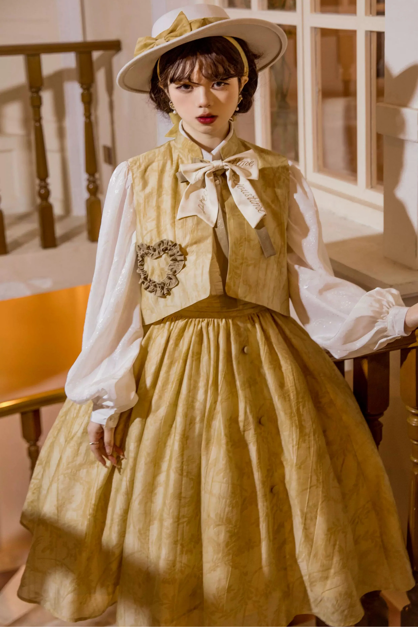 Golden Flower Design Dress + Skirt + Coat + Vest