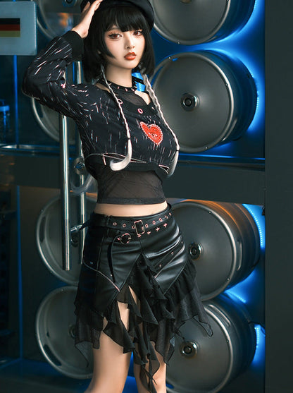 Punk Dark Heart Short Sweatshirt + Inner Top + Skirt + Hat + Necklace