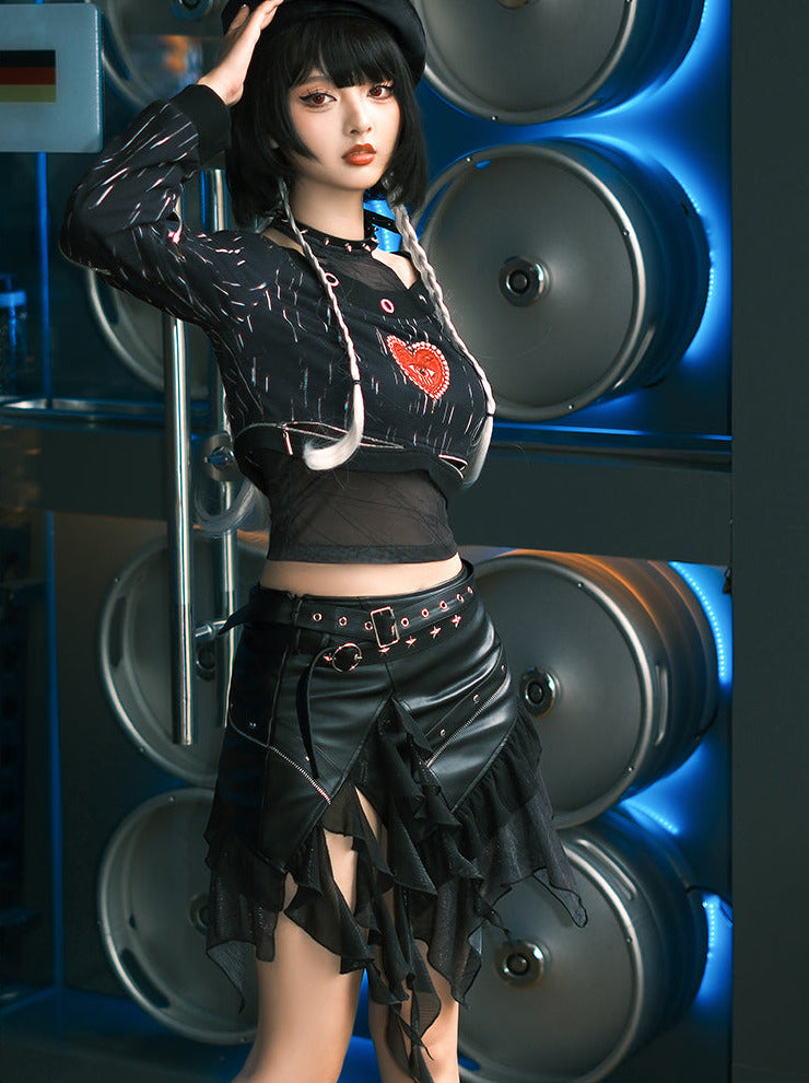 Punk Dark Heart Short Sweatshirt + Inner Top + Skirt + Hat + Necklace