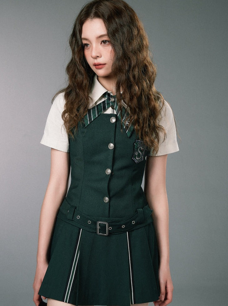 V-neck College Suspender Skirt + Accent Short Shirt