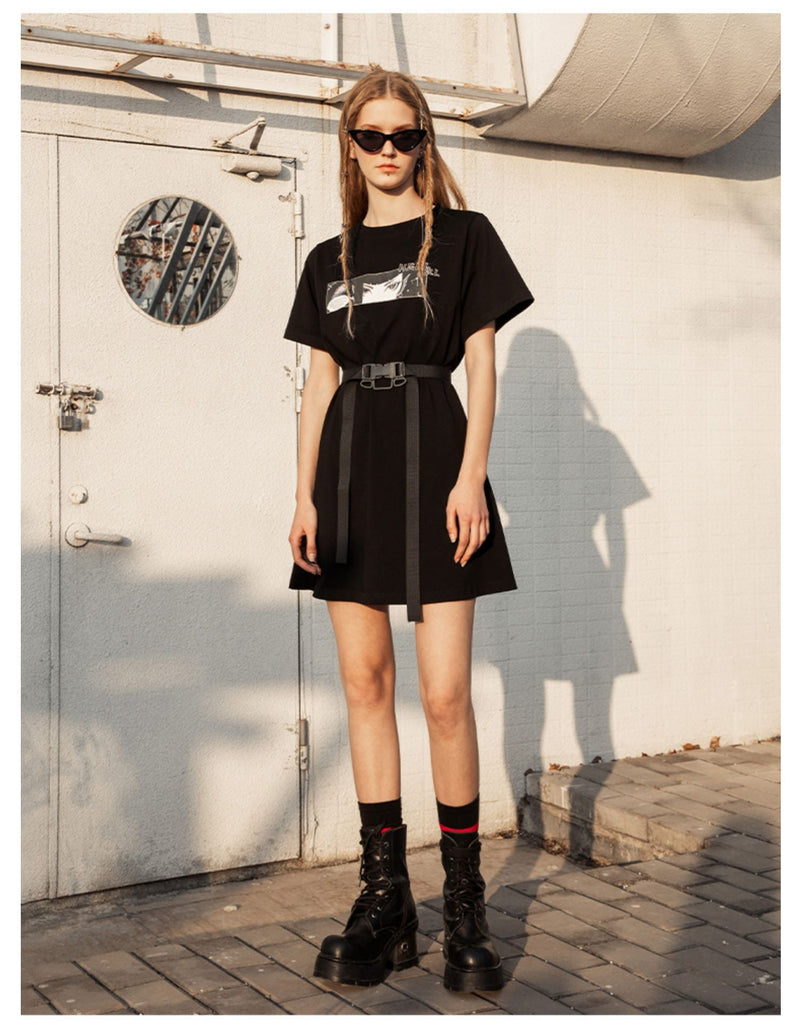 Sheer Long Sleeve Buckle Belt Dress-t