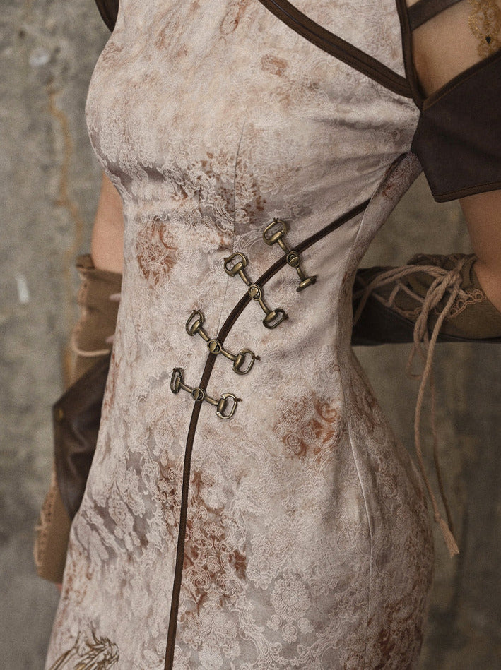 Retro Punk Strap Dragon Embroidery Chinese-style Slit Dress