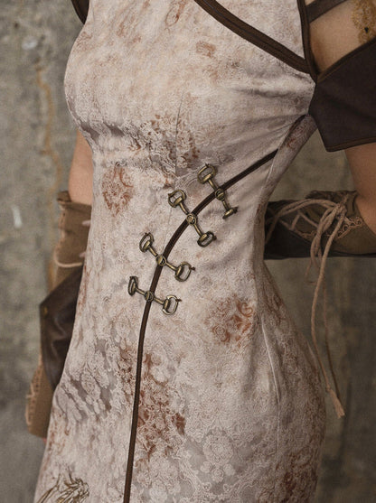 Retro Punk Strap Dragon Embroidery Chinese-style Slit Dress