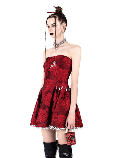 Electric Moon Dark Flower Embroidered Tube Top Pearl Dress