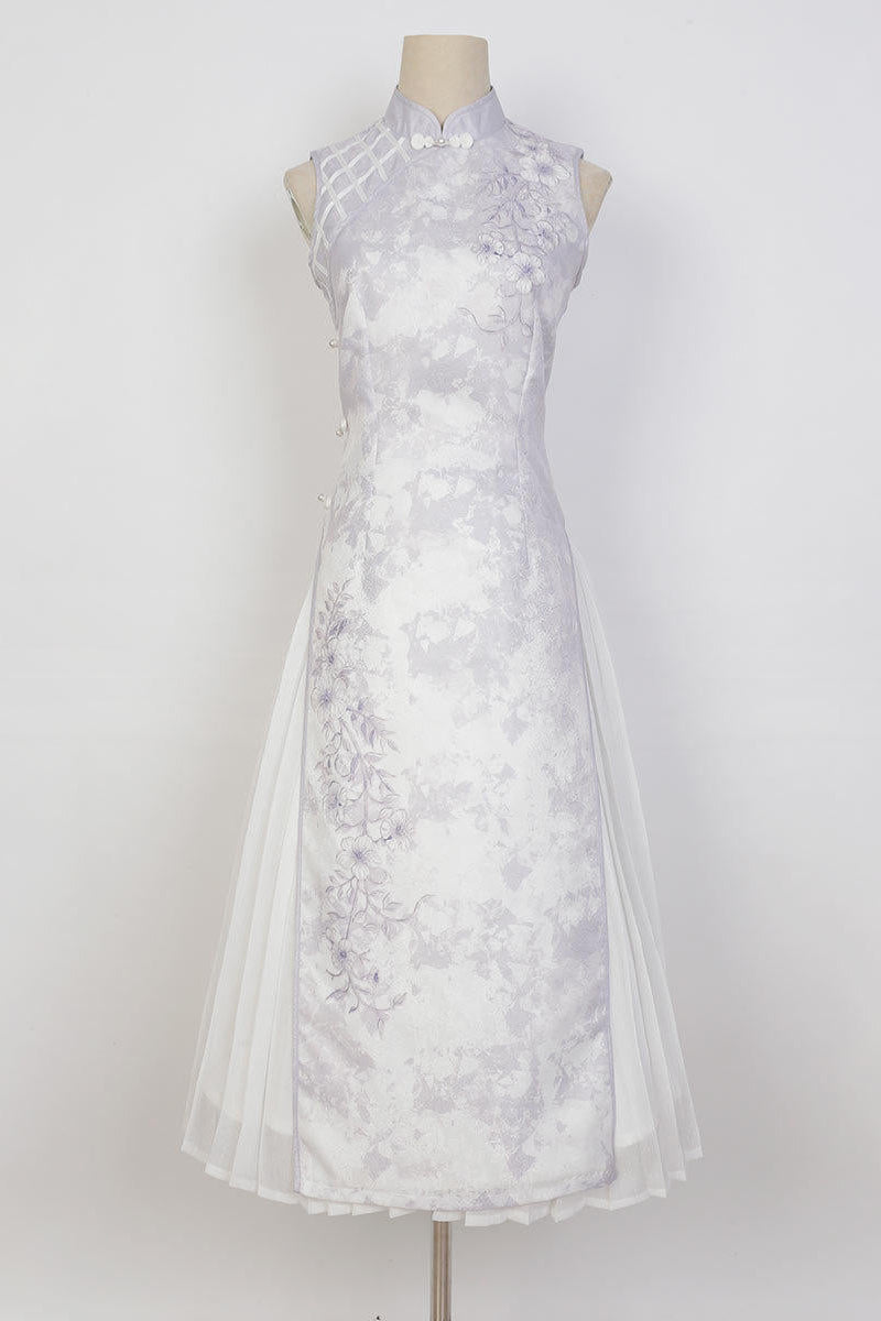 Light Purple Flower Chinese-style Dress + Ruffle Sheer Cardigan