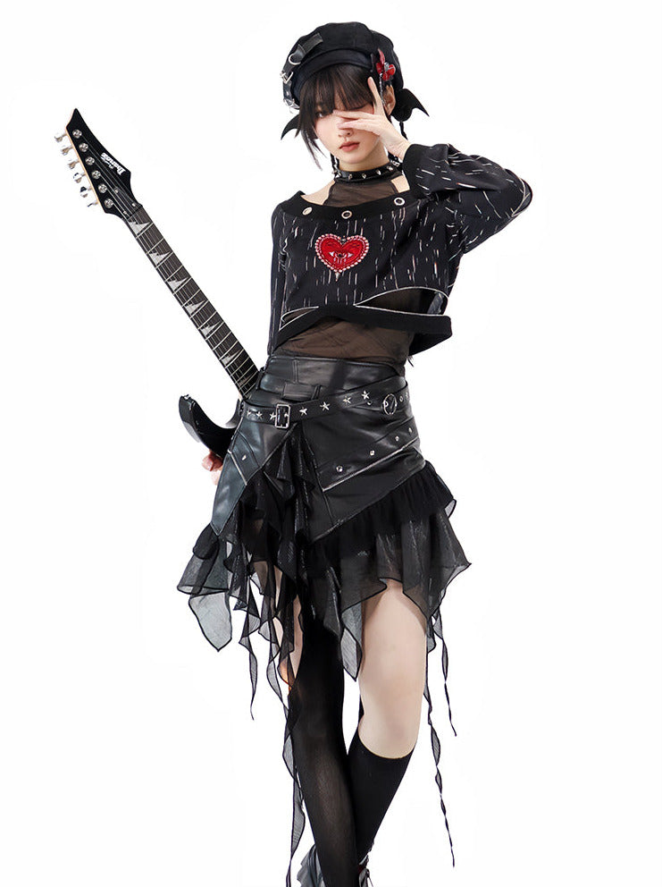 Punk Dark Heart Short Sweatshirt + Inner Top + Skirt + Hat + Necklace