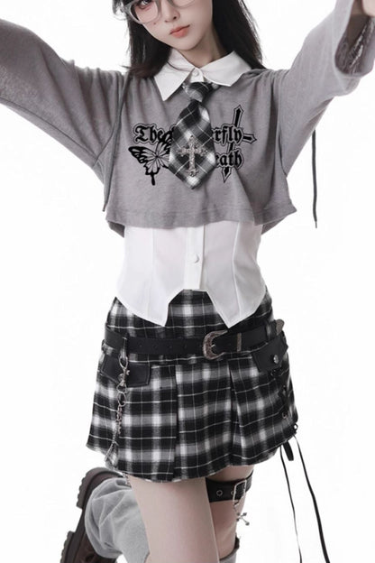 Y2k Hooded Crop Top + Sleeveless Shirt With Tie + Plaid Culottes