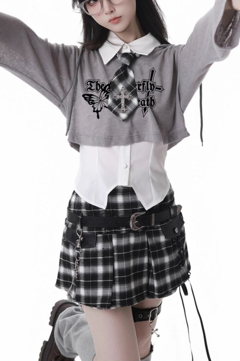 Y2k Hooded Crop Top + Sleeveless Shirt With Tie + Plaid Culottes