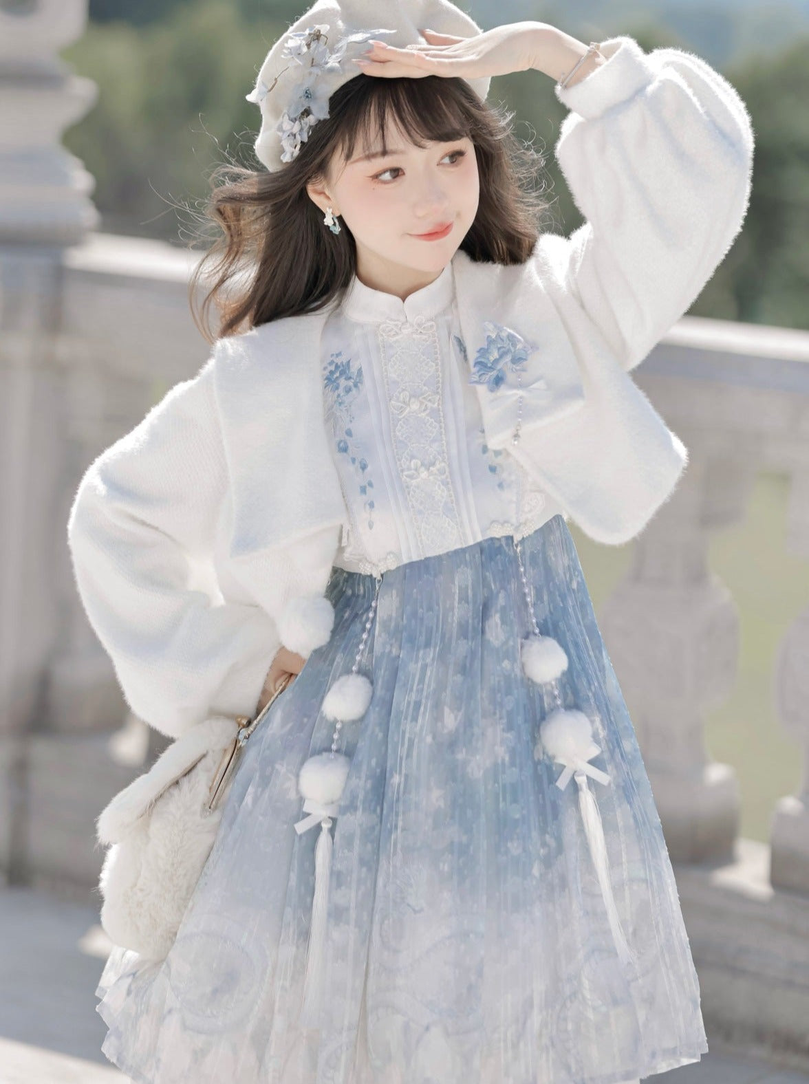 Ice Blue Chinese-style Dress + Fur Short Coat