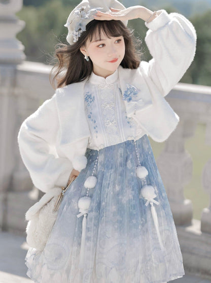Ice Blue Chinese-style Dress + Fur Short Coat