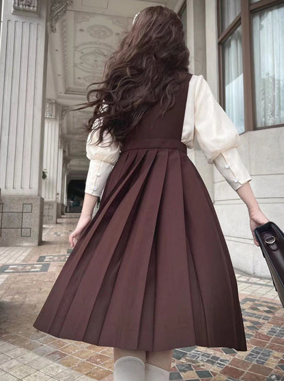 College Style Cream Chiffon Inner Shirt + V Neck Vest Skirt + Ribbon Accessories [pre-order]