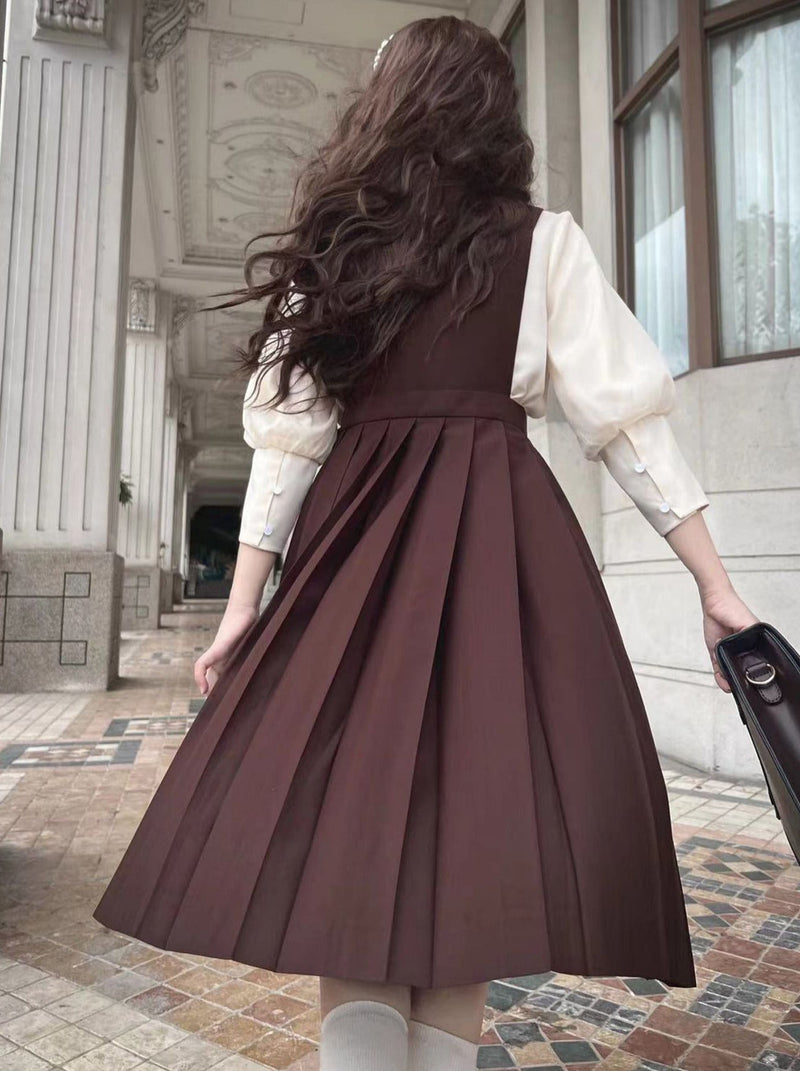 College Style Cream Chiffon Inner Shirt + V Neck Vest Skirt + Ribbon Accessories [pre-order]