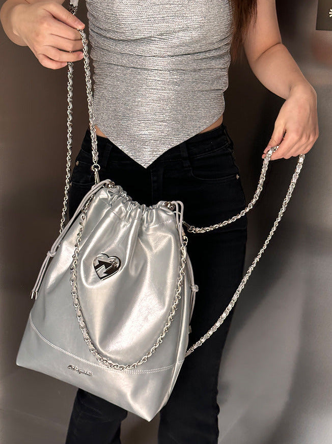 Cool Metal Heart Soft Leather Drawstring Bag