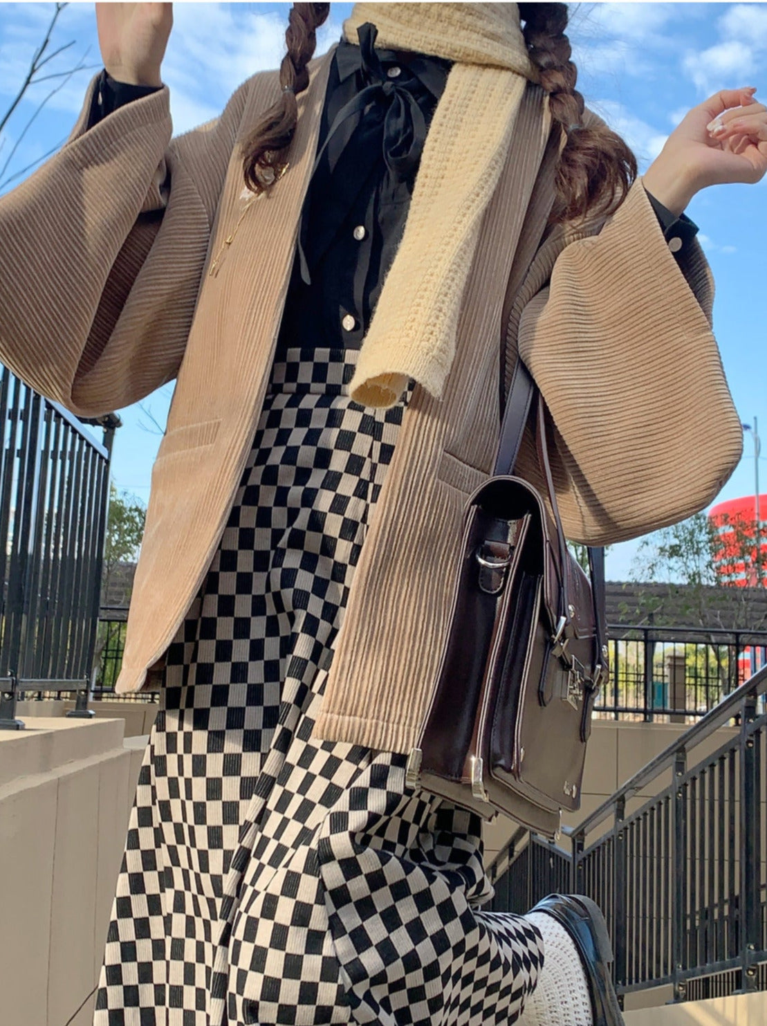 Sakura Note Showa Retro Haori Jacket + Chiffon Ribbon Shirt + Checkered Skirt + Dark Gray Skirt + Brooch