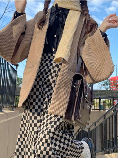 Sakura Note Showa Retro Haori Jacket + Chiffon Ribbon Shirt + Checkered Skirt + Dark Gray Skirt + Brooch