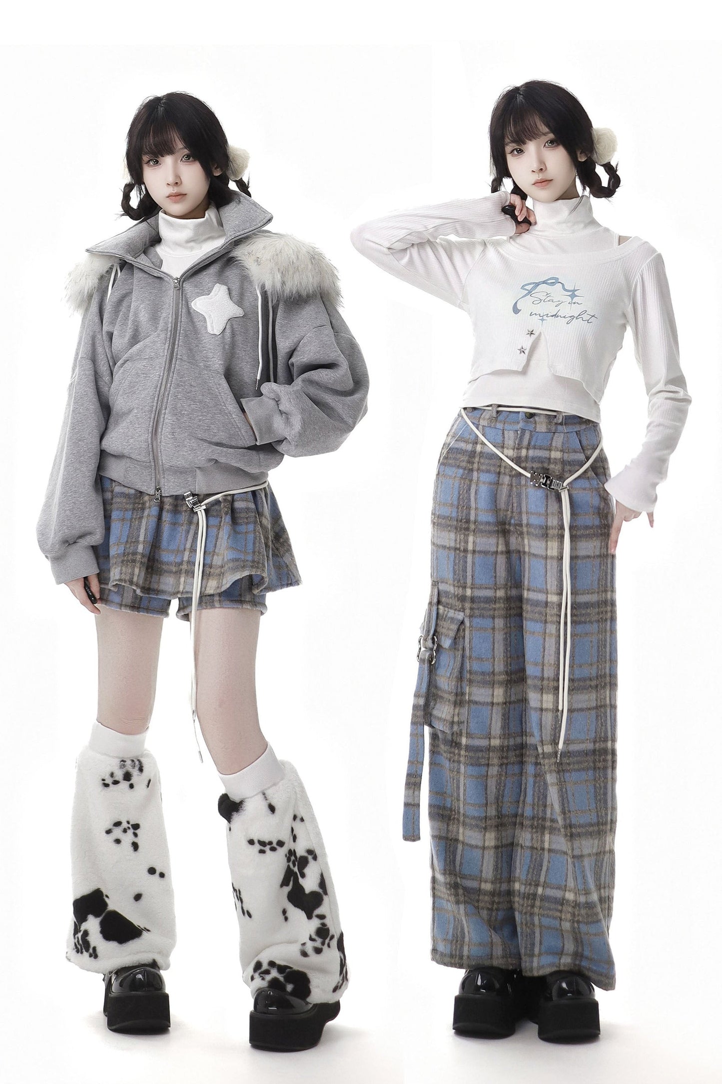 Starry Night Faux Fur Hoodie Plush Jacket Top Plaid Bottoms Set