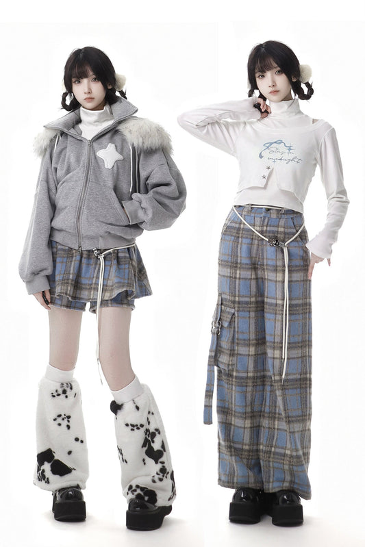 Starry Night Faux Fur Hoodie Plush Jacket Top Plaid Bottoms Set