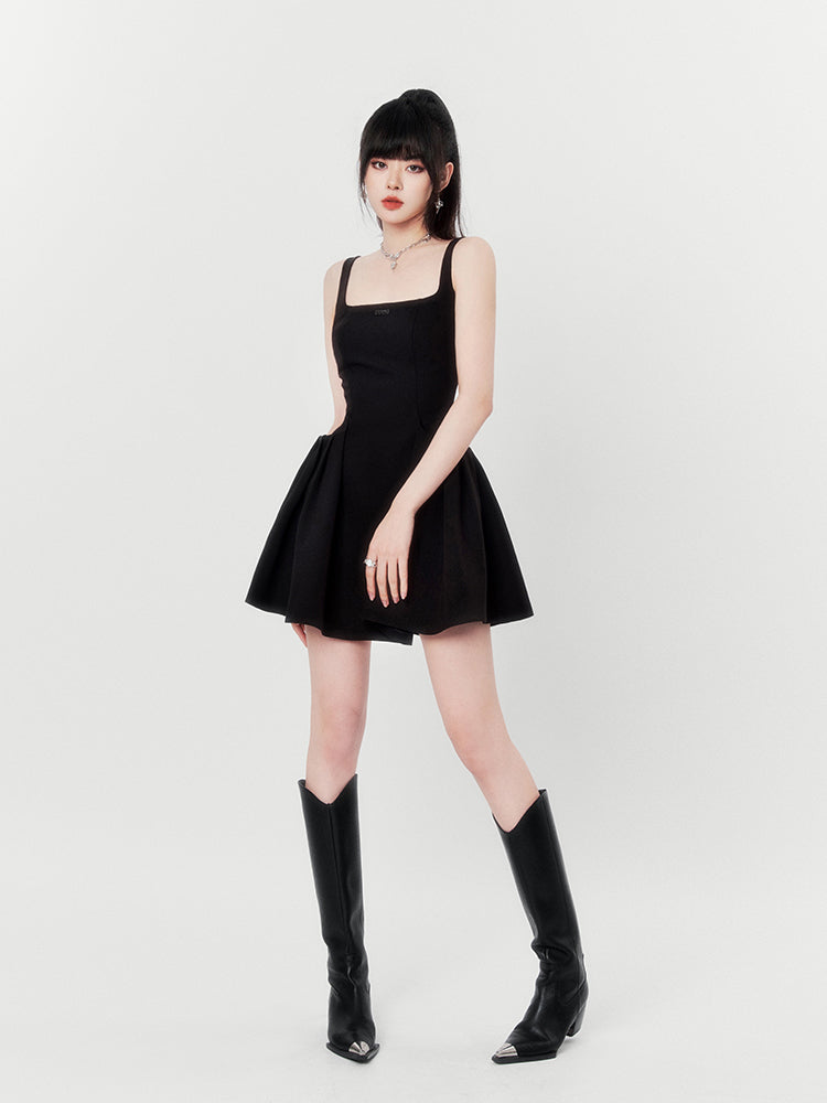 Hot Girl Black & Gray Square Neck French High End Suspender Dress