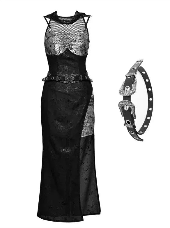 Punk Black Silver Mesh Sheer Slit Hooded Dress Suit