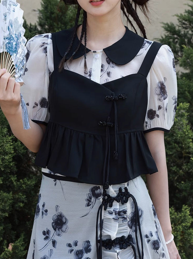Chinese-style Black White Top Bustier Skirt Three Piece Set