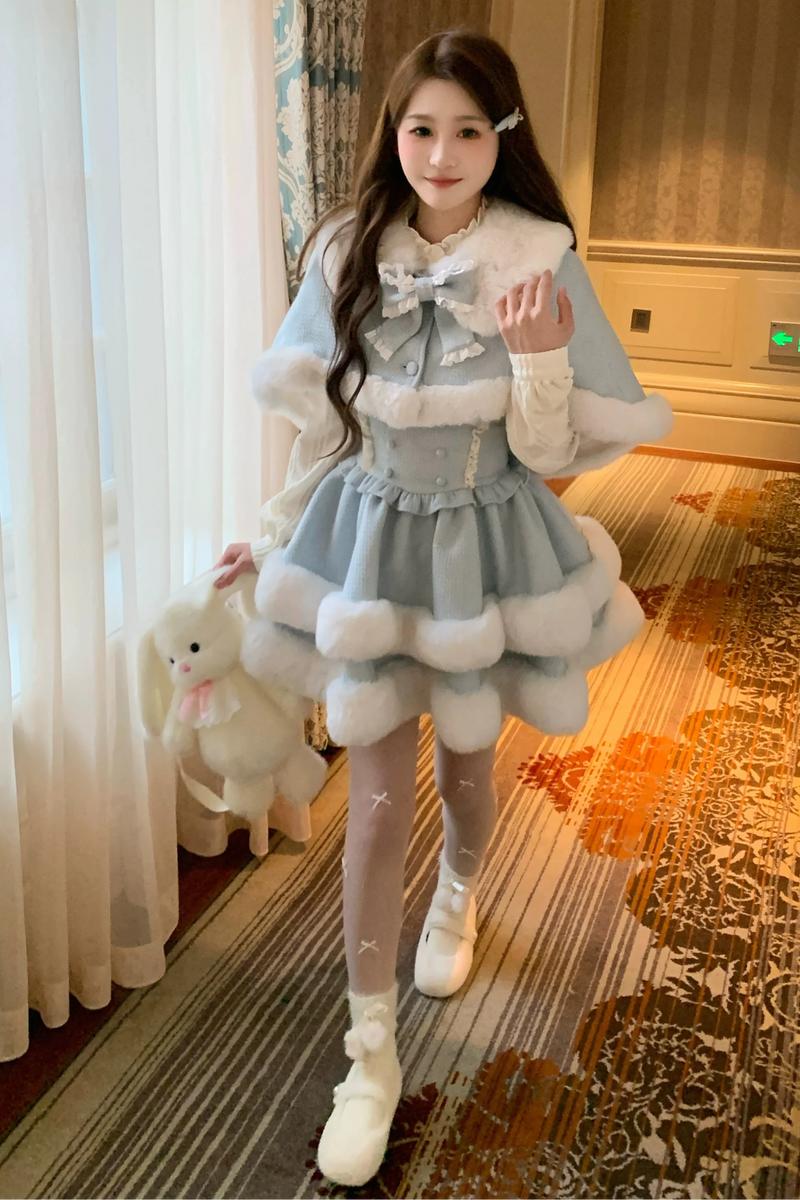 Light Blue Fur Collar Cape + Suspender Skirt + Shirt