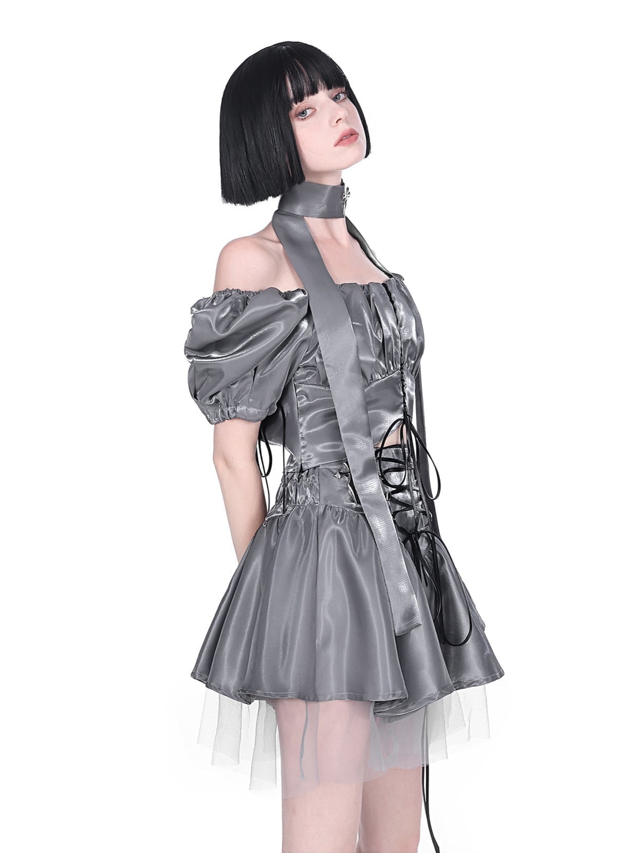 Cyberpunk Glitter Set Cross Neck Stole + Puff Sleeve Short Top + Lace Up Tulle Skirt