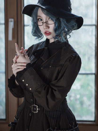 Steam Continental Ruffle Black Coffee Pinstripe Shirt Dress