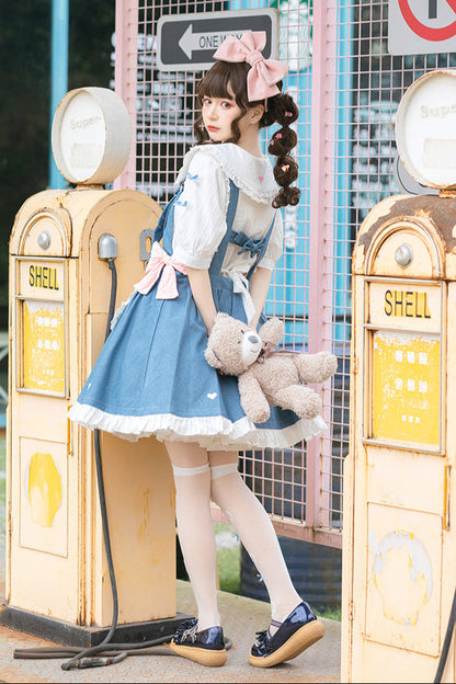 Light Raw Denim Lolita Jumper-skirt + Doll Innerwear + Apron