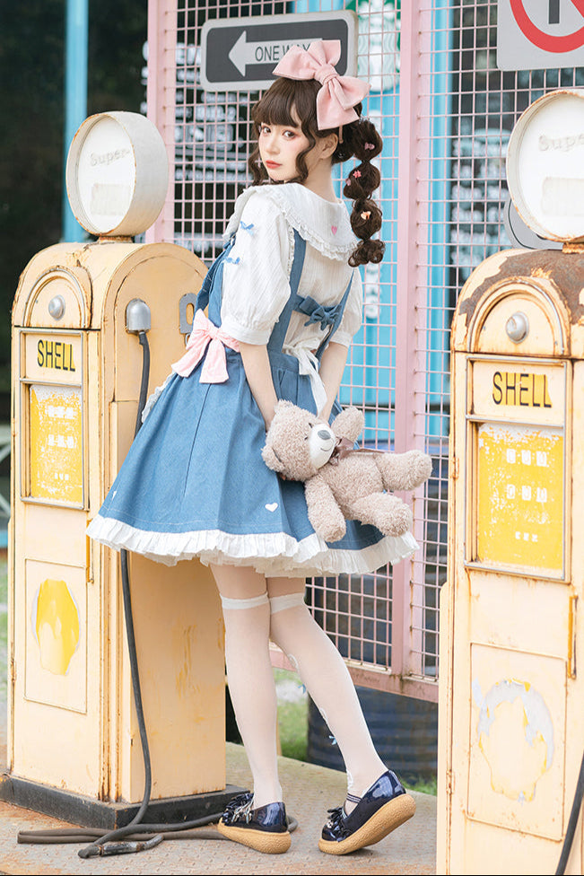 Light Raw Denim Lolita Jumper-skirt + Doll Innerwear + Apron
