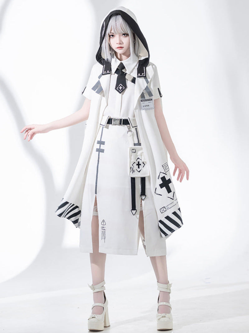 A Line Skirt Design Cape Suit [hoodie Cape + Shirt + Skirt + One Shoulder Cape]