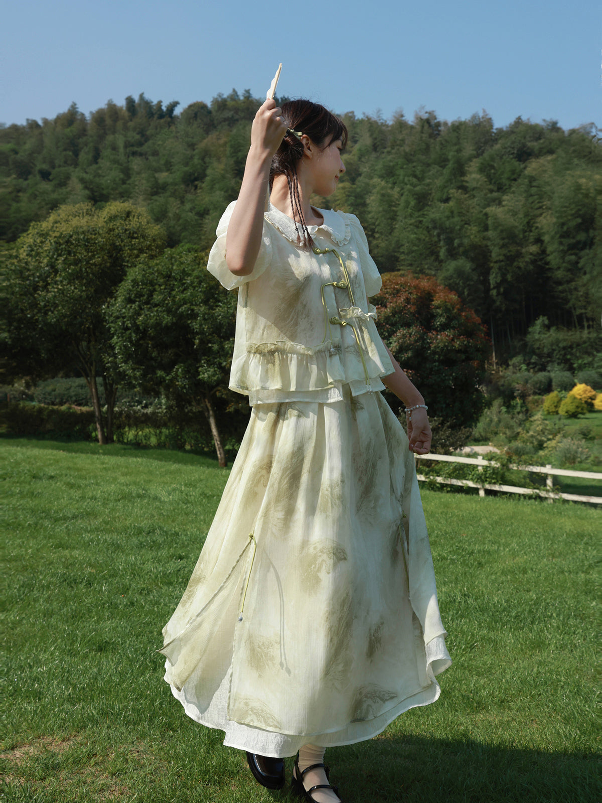 Chinese-style Tassel Chiffon Ruffle Layered Set