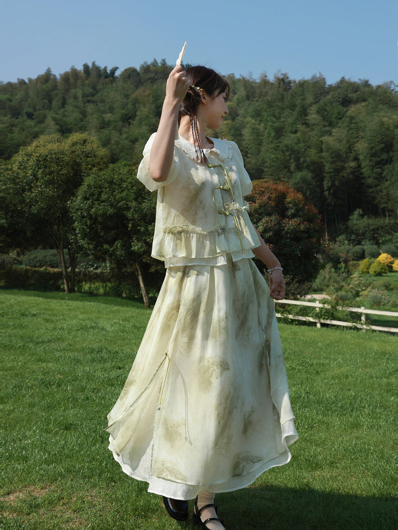 Chinese-style Tassel Chiffon Ruffle Layered Set