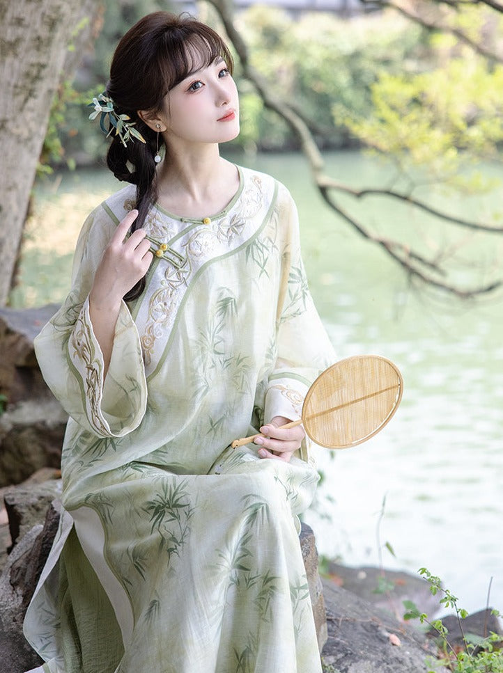Summer Green Retro Chinese-style Top + Inner Camisole + Long Skirt