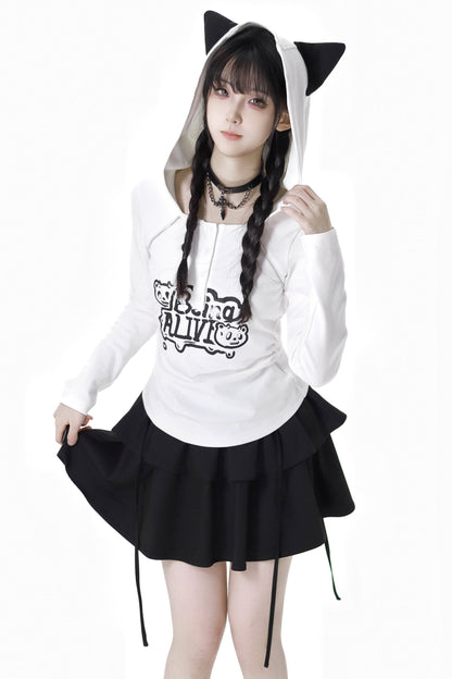 Cat Ear Hooded Top + Loose Knit Sweater + Cargo Pants + Strap Skirt