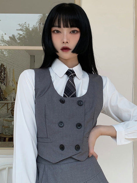 Plaid Necktie Shirt + Double-breasted Vest + Asymmetric Pleated Skirt