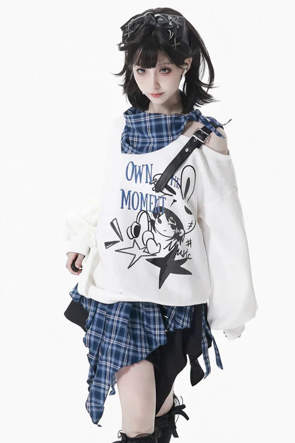 Off-shoulder Sweatshirt Top + Asymmetric Skirt + Long Pants