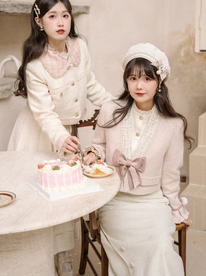 Ruffle Blouse + Tight Skirt + Tweed Ribbon Jacket