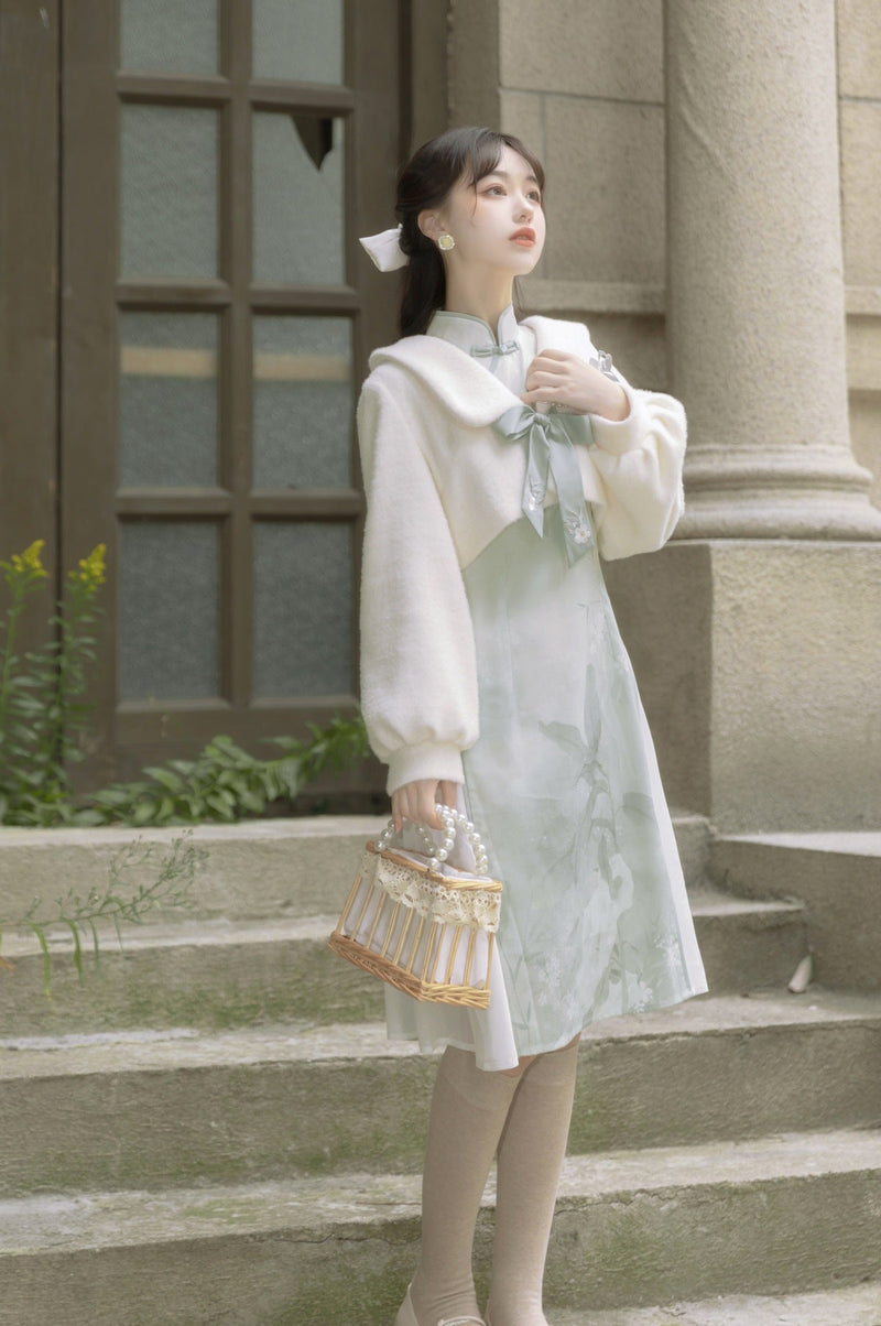 Retro Chinese-style Dress + Ribbon Short Fur Coat